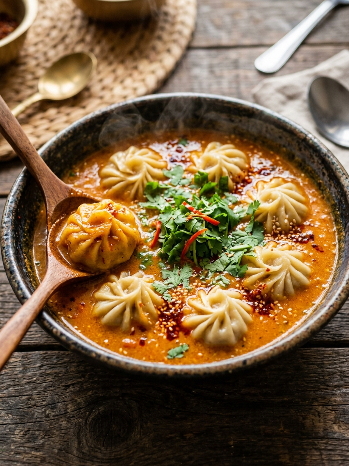 Steaming Jhol Mo:Mo in a traditional brass bowl